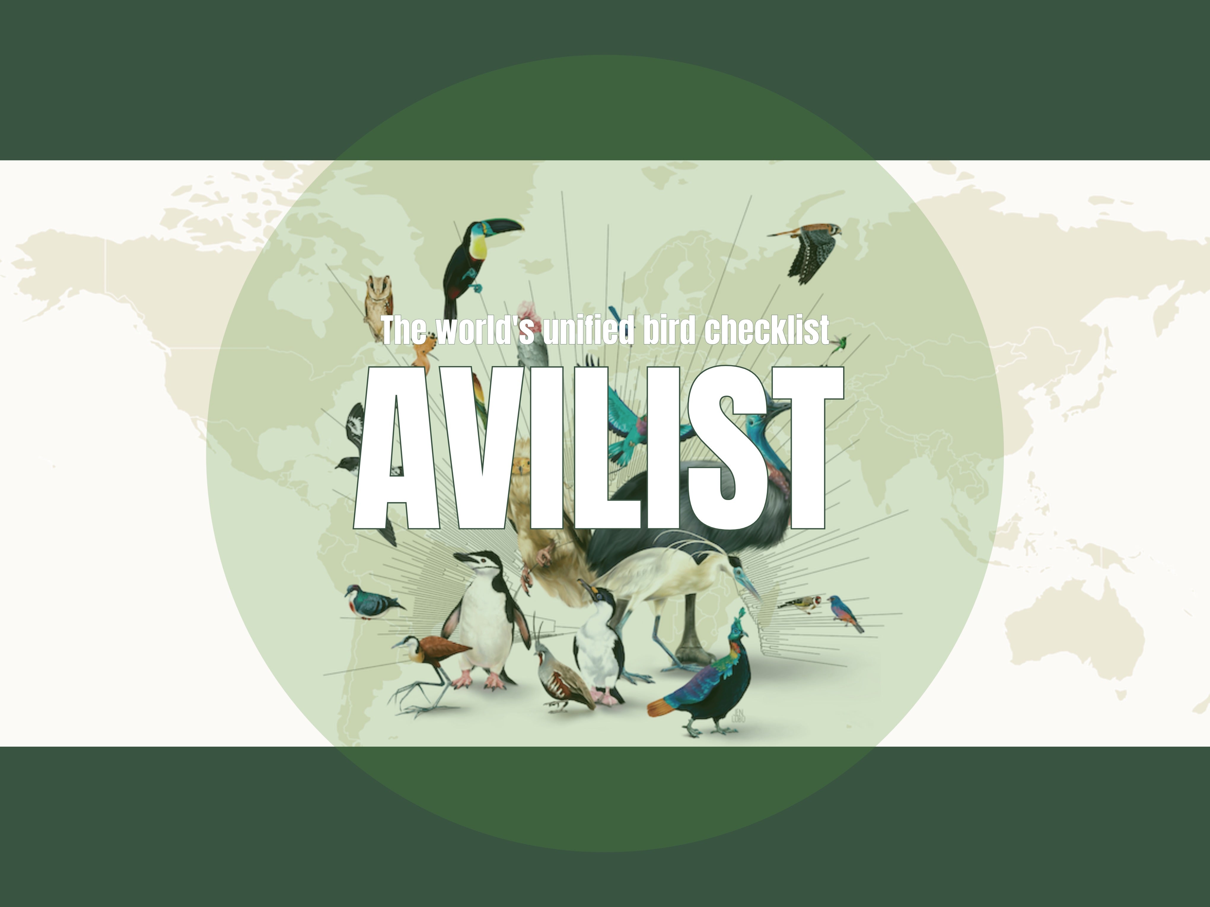 Hero image of birds and the title Avilist, the worlds global bird list