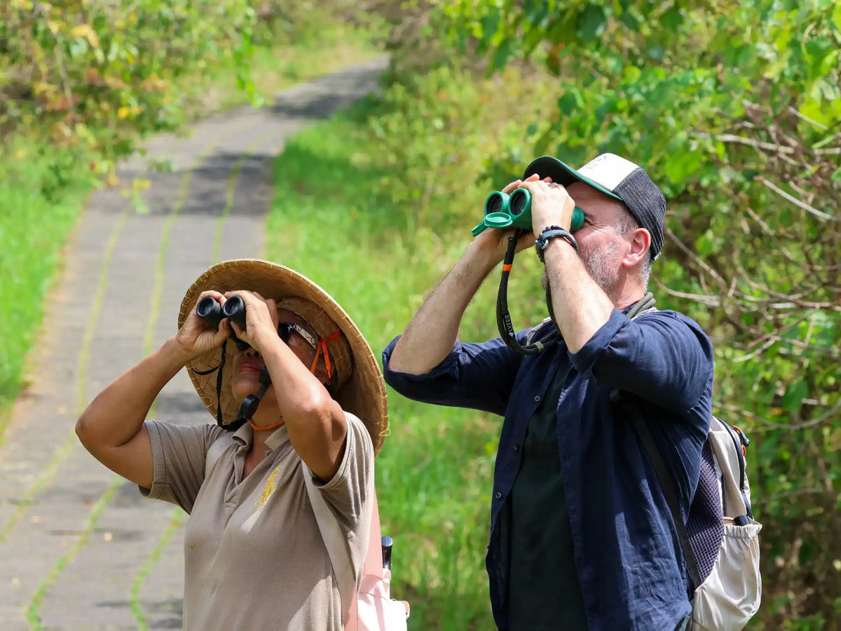 Image of two bird-watchers in Ubud looking at birds together through binoculars.