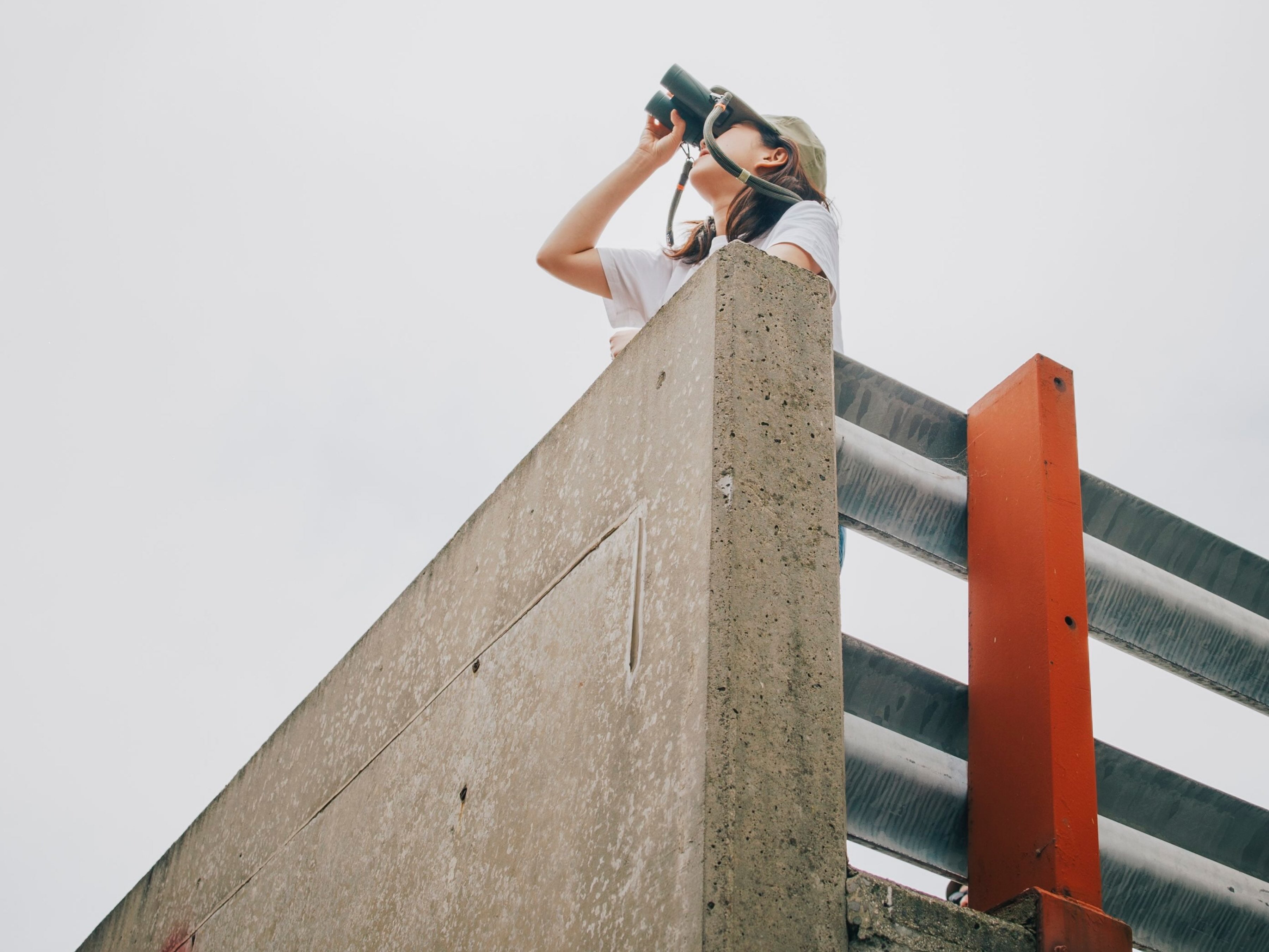 Image of birder in a carpark looking at birds through a pair of binoculars
