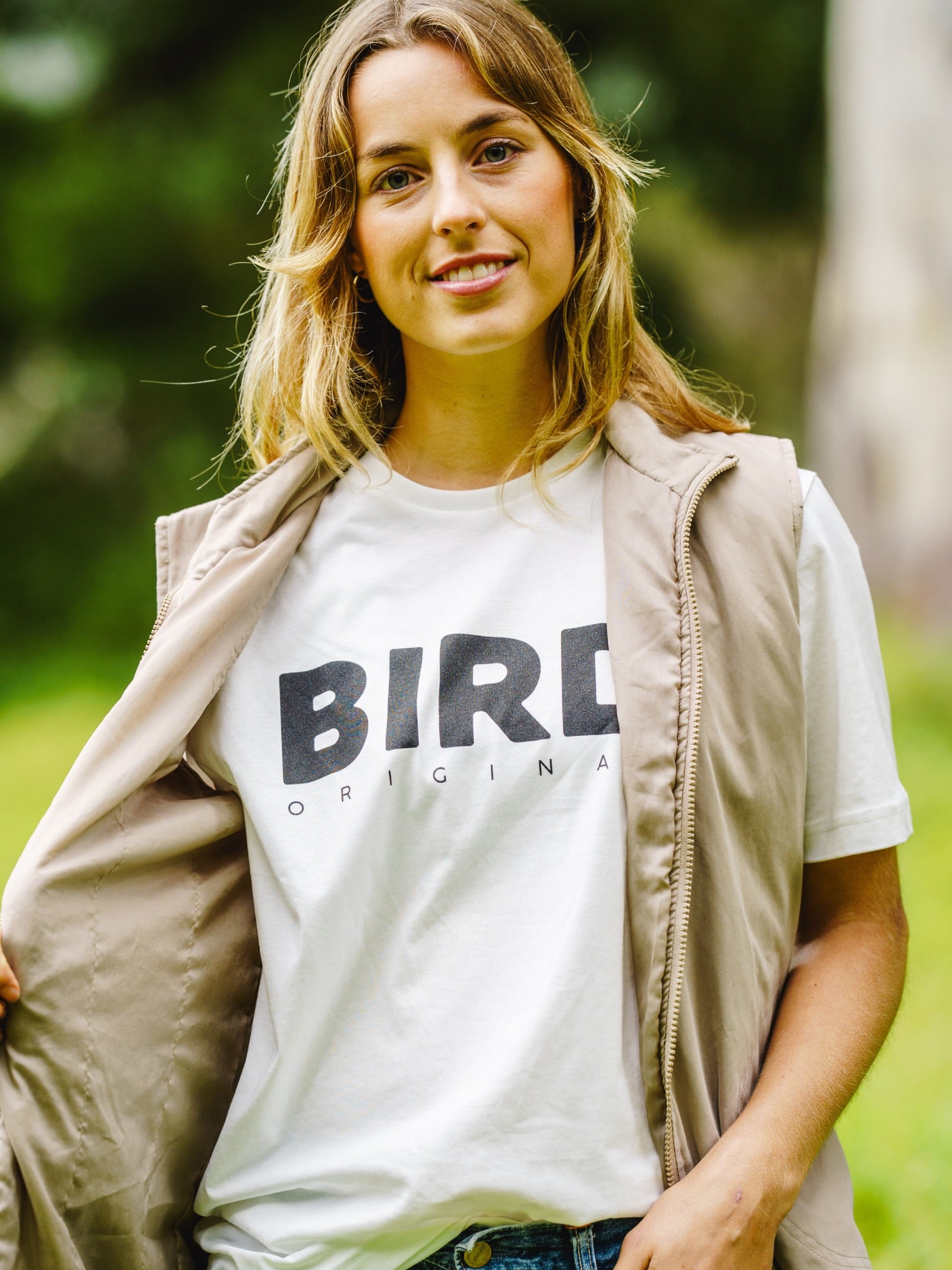 Bird Original Tee worn by Birder model with a jacket showing the front water based ink print