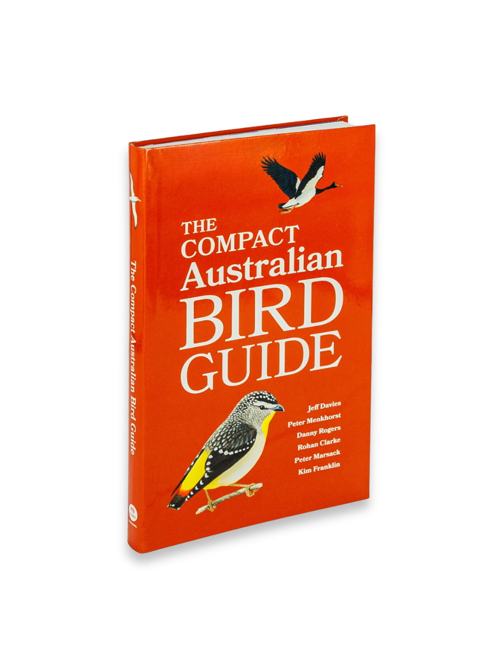 Book titled 'The Compact Australian Bird Guide' with bird illustrations on an orange cover.