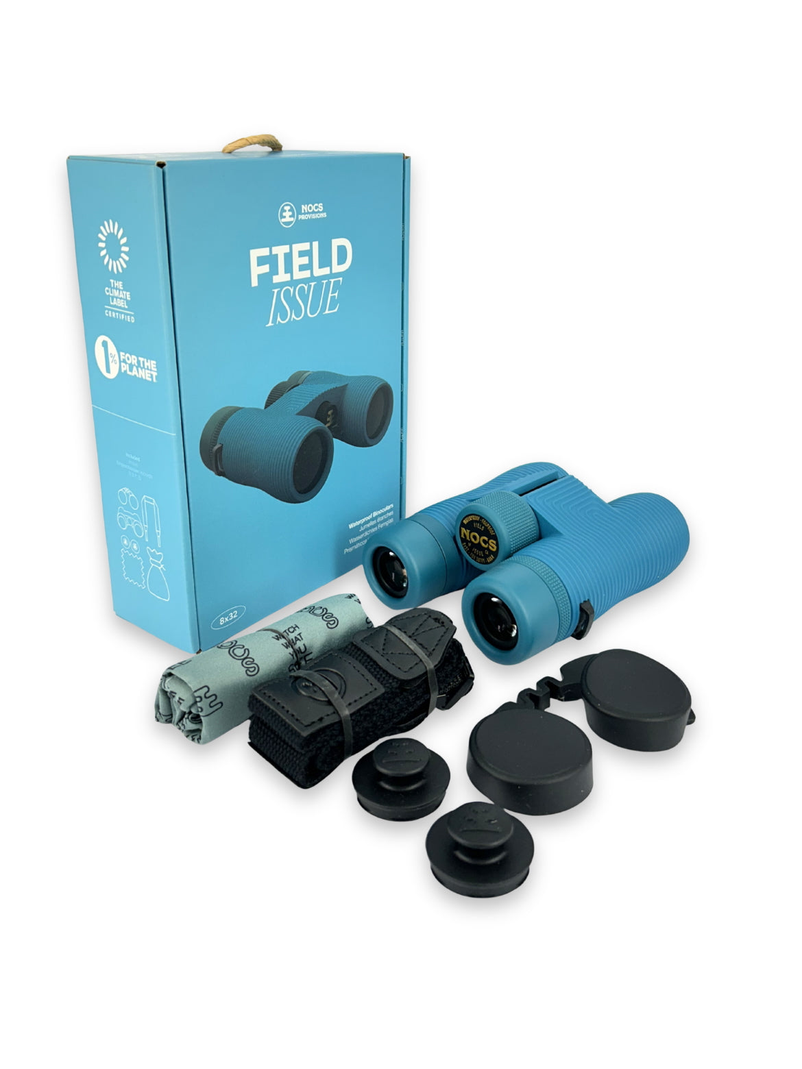Blue NOCS binoculars with accessories and packaging on a white background