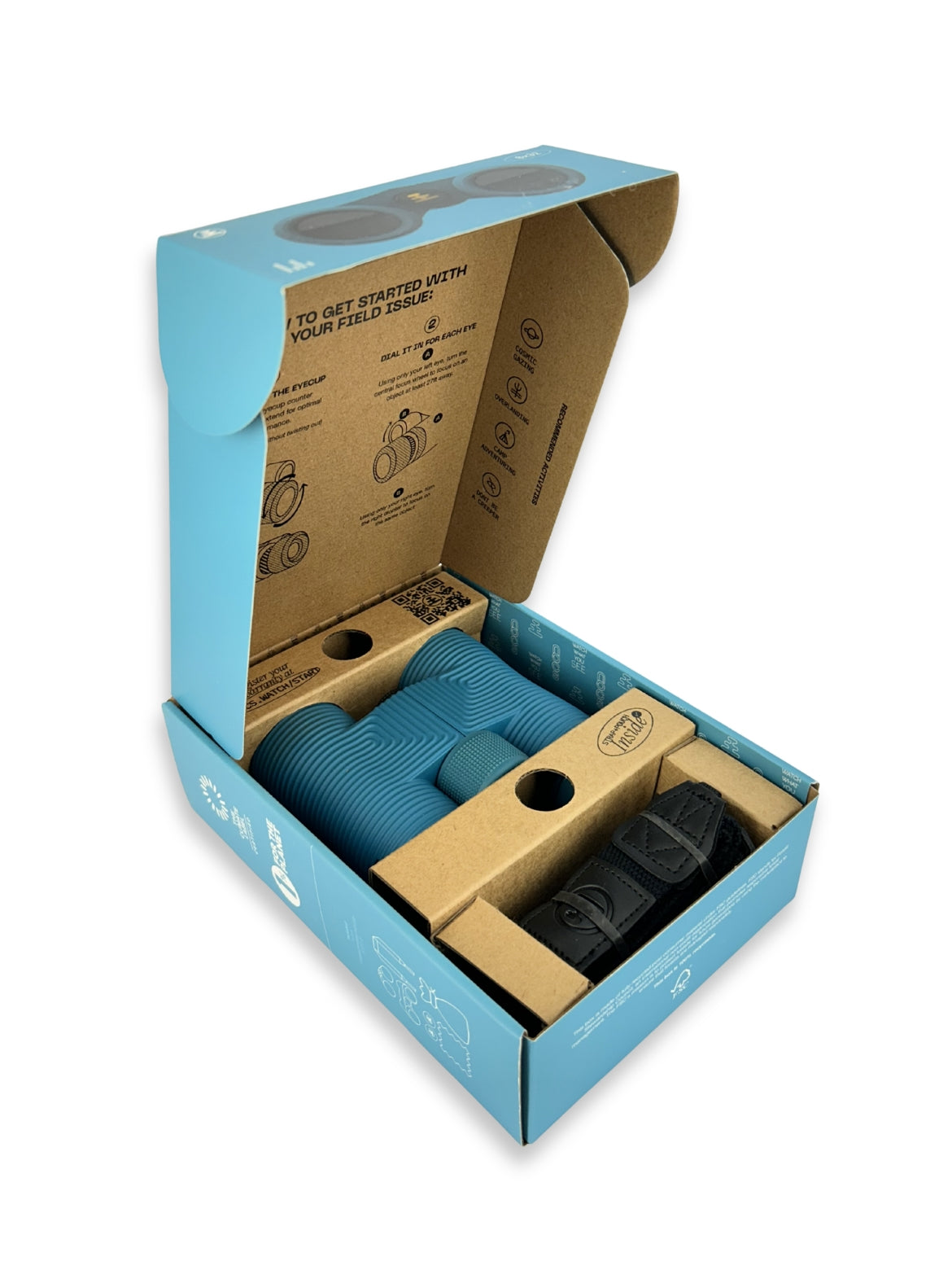 Open NOCS Field Issue box containing accessories with a cardboard insert on a white backgrounds