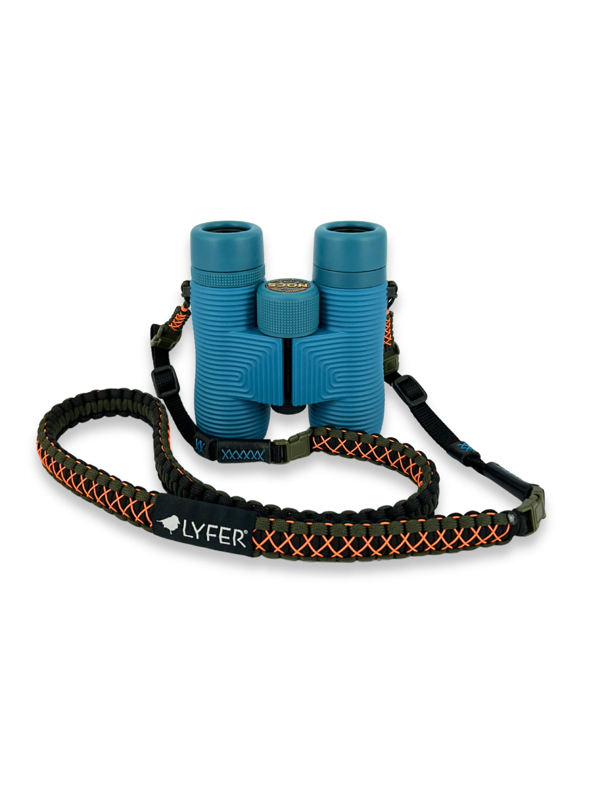NOCS 8x32 Blue binoculars with a LYFER adjustable strap bundle on a white background