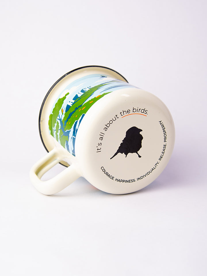 Lyfer enamel mug showing the base with the birdmark and It's all about the birds and ethos.