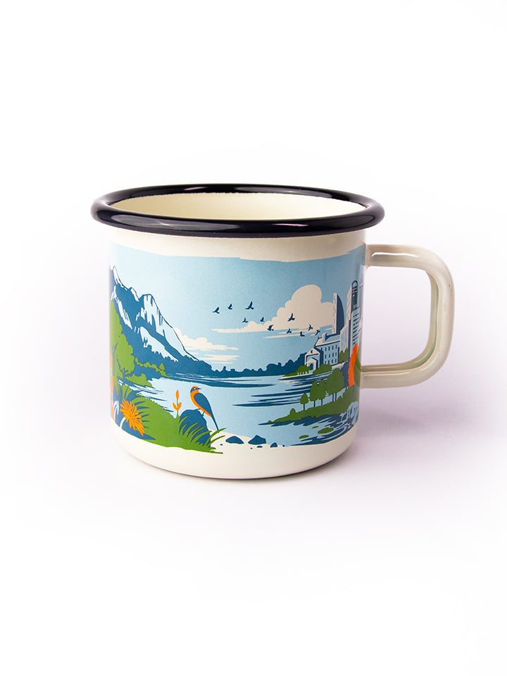 Full shot of Lyfer's birding enamel mug. A durable enamel mug featuring a bespoke birding-inspired illustration.
