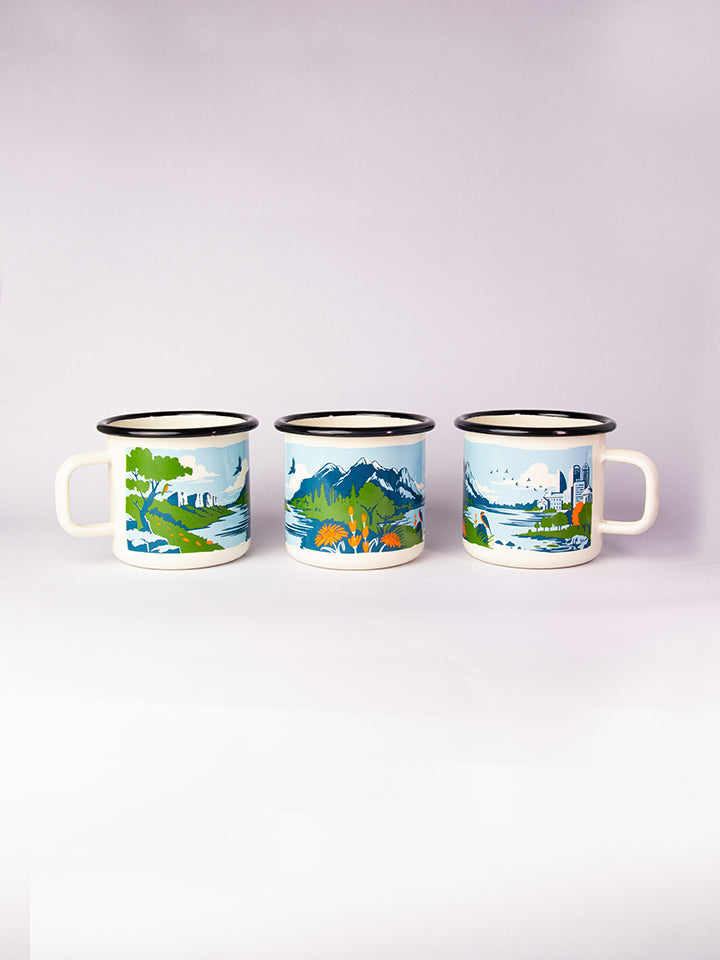 Image of the Lyfer Field Enamel Mug showing the hand-drawn illustration.