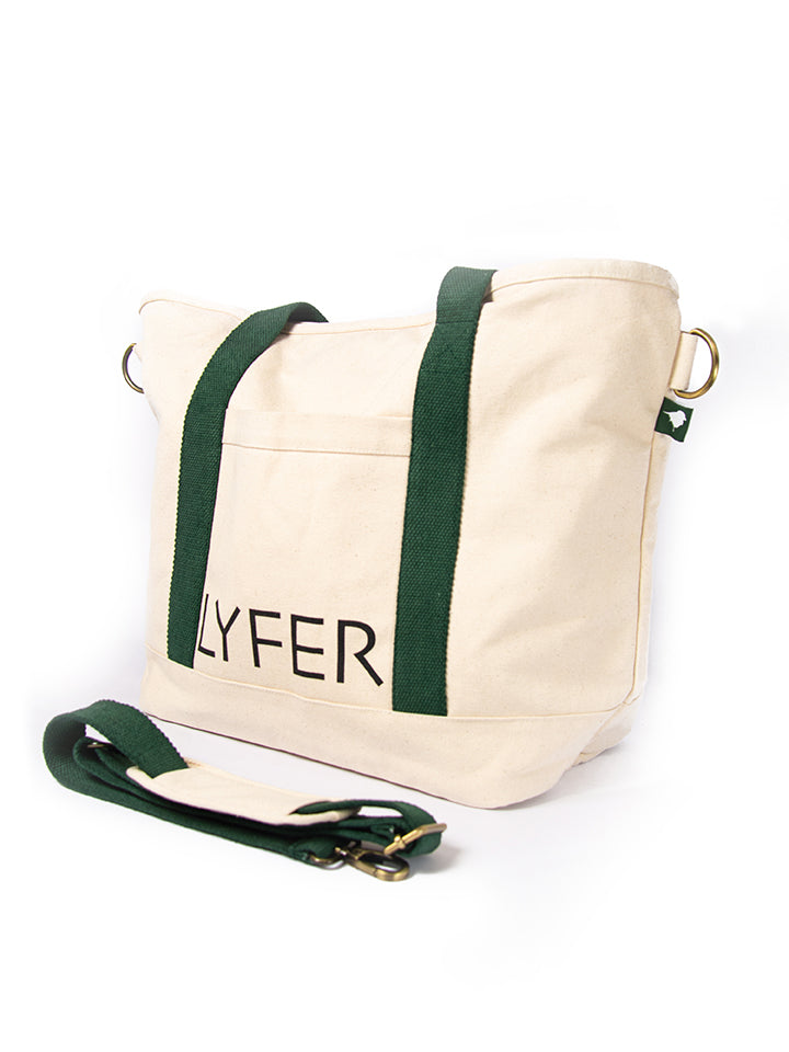 Full shot of Tote Bag showing the full design and proportions of the bag with Lyfer brand print and the adjustable shoulder carry strap.
