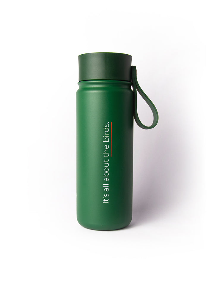 Full shot of the thermo bottle that shows the Its all about the birds graphic and the quality of the powdercoat works of the bottle, it's birdwatching accessories that are great gift for bird lovers in Australia.