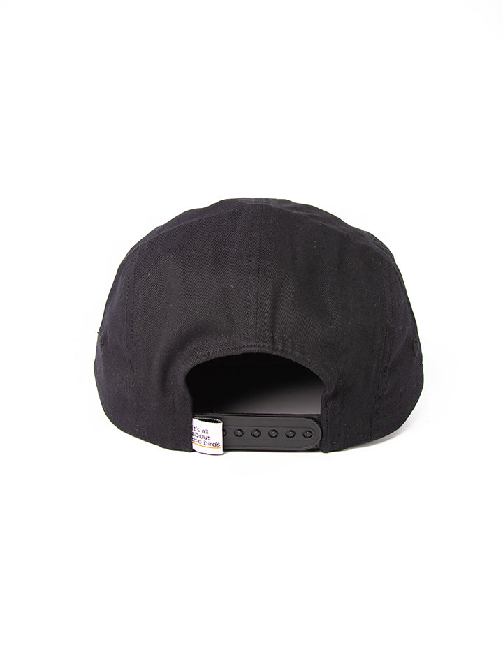 Detailed image of the Lyfer Birdmark 6-panel cap’s top, a designer caps for bird-watchers showcasing the stitching , construction and the woven tag that says Its all about the birds. Birdwatching gear
that makes a great gift for bird lovers in Australia