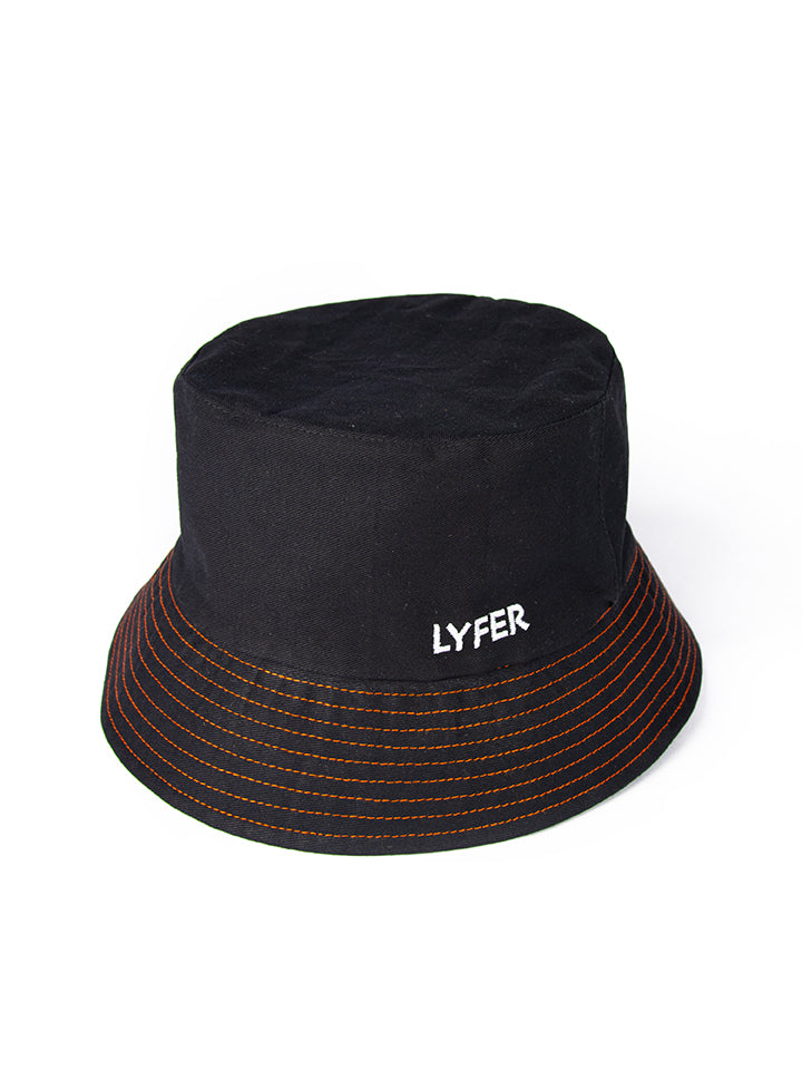 Full shot of Lyfer Black Bucket Hat with Lyfer Embroidery and original orange stitching, made from 100% recycled materials this is a birdwatching hat, a gift for birders.