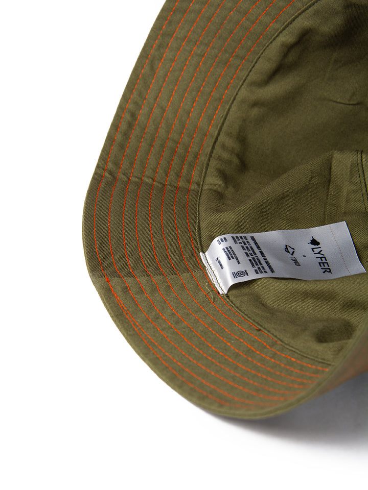 Close up shot of the orange thread stitching and the Its All About the Birds woven tag. Birdwatching hat – gift for outdoor birders in Australia.