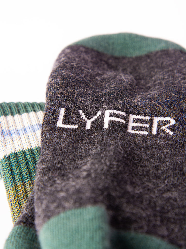 Lyfer brand on the sole of the Lyfer original field sock. Premium quality wool socks that are perfect gifts and gear for Australian Birders.