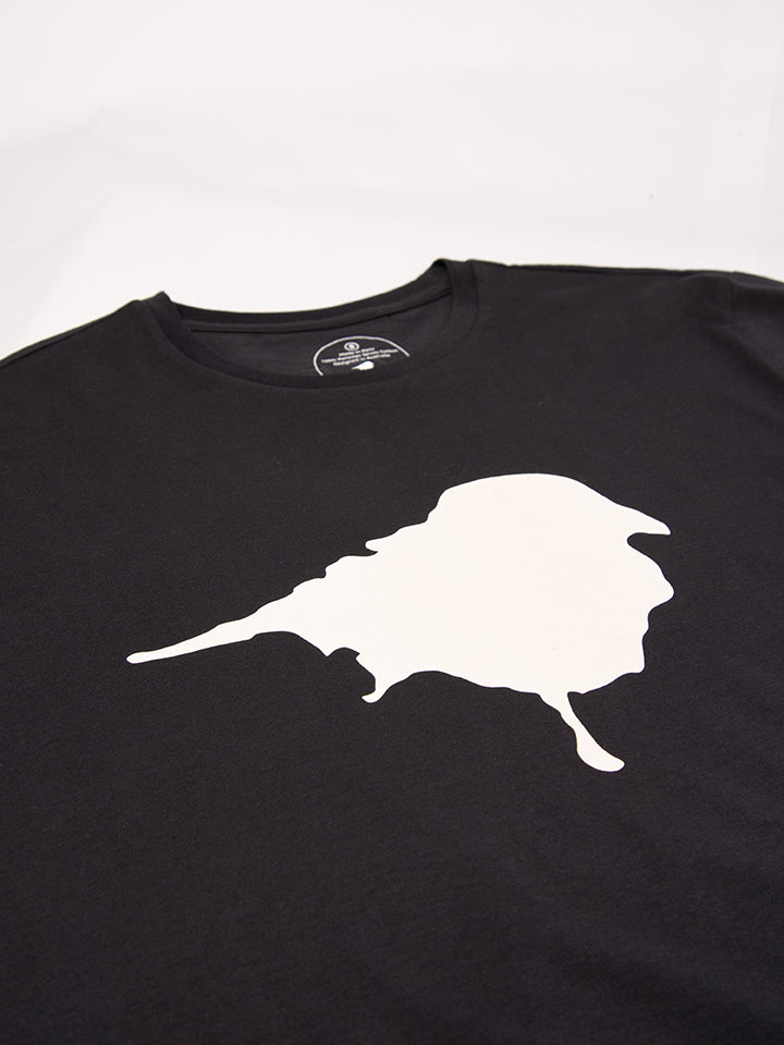 Close-up of Birding print t-shirt, the Lyfer Birdmark on front central chest of t-shirt, showing quality of natural ink in off-white colour.