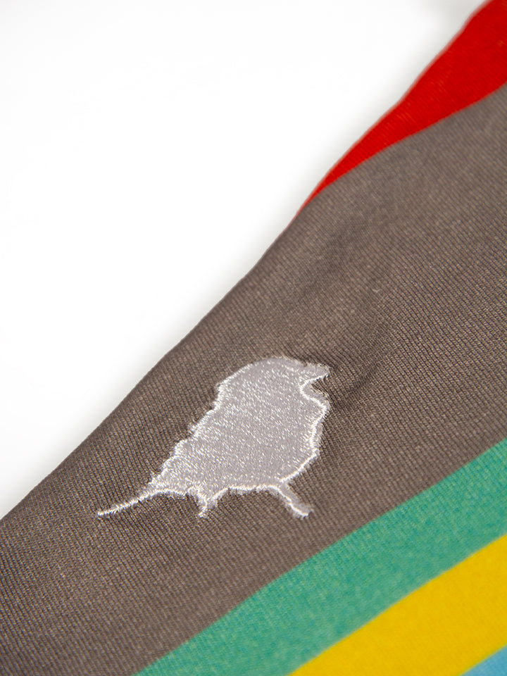 Flat lay of the embroidery detailing of the birdmark logo by Lyfer, this is bird print apparel detailing and showing quality of the print, bird life protection fashion and ideal gifts for birders.