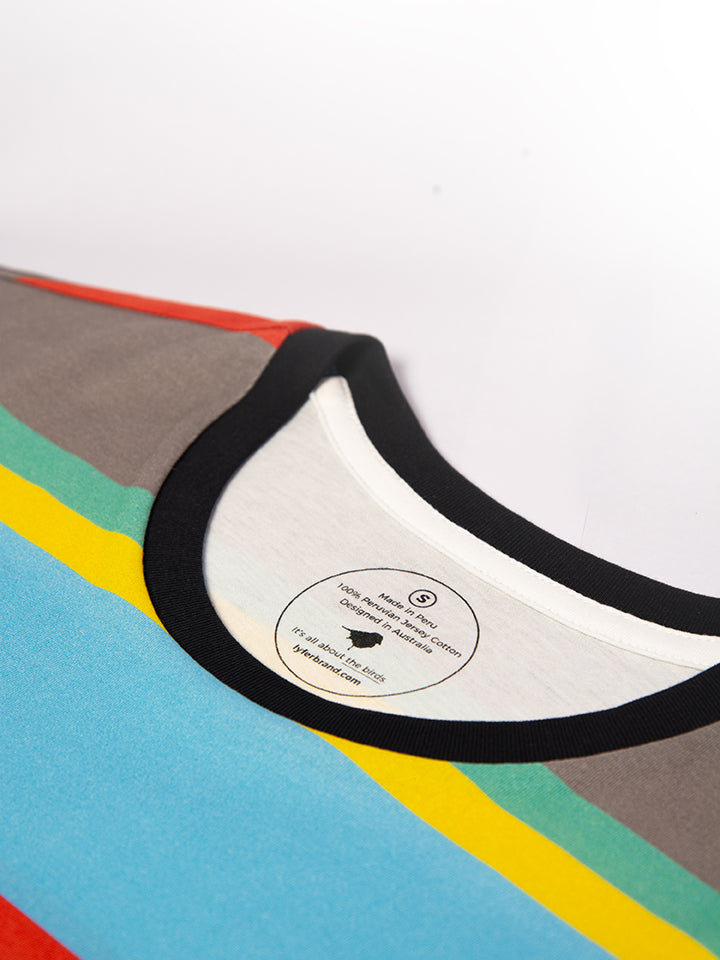 Close-up of the Lyfer branded print on the neck, image shows the bird print apparel detailing and quality. Clothing for Australian bird lovers and birders and nature lovers.