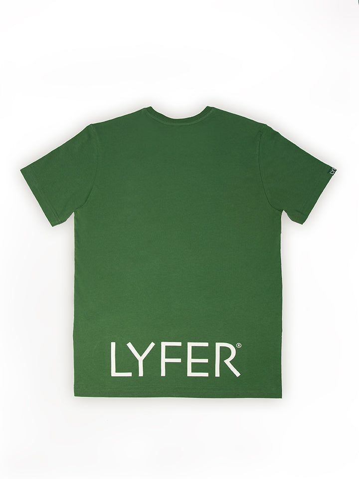 Back view of Lyfer Brand T-shirt with a focus on the clean design and premium finish, showing Lyfer brand name printed on the lower part of this birders t-shirt.