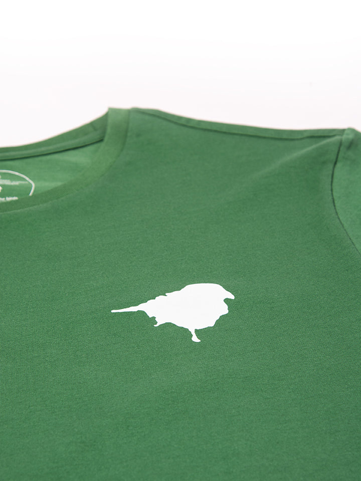 Close-up of birding print t-shirt, the Lyfer Birdmark on front side chest of t-shirt, showing quality of na ural ink in off-white colour. Birdwatching t-shirt – bird gift idea Australia