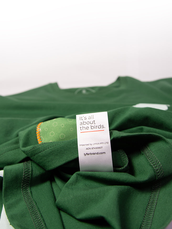 Bird lover's t-shirt, this is a close-up of inside care tag with the lyfer tagline - it's all about the birds. A great birders gift and for their birding gear in Australia.