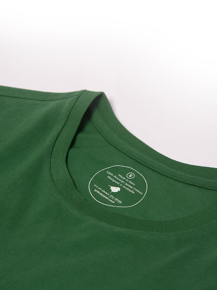 Close-up of Lyfer brand t-shirt neck detail, showing the detail of the print and details on inside neck. This is a Bird lover's t-shirt and a great gift for birders in Australia.