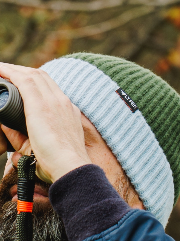 Ribbed knit beanie worn outdoors while birding