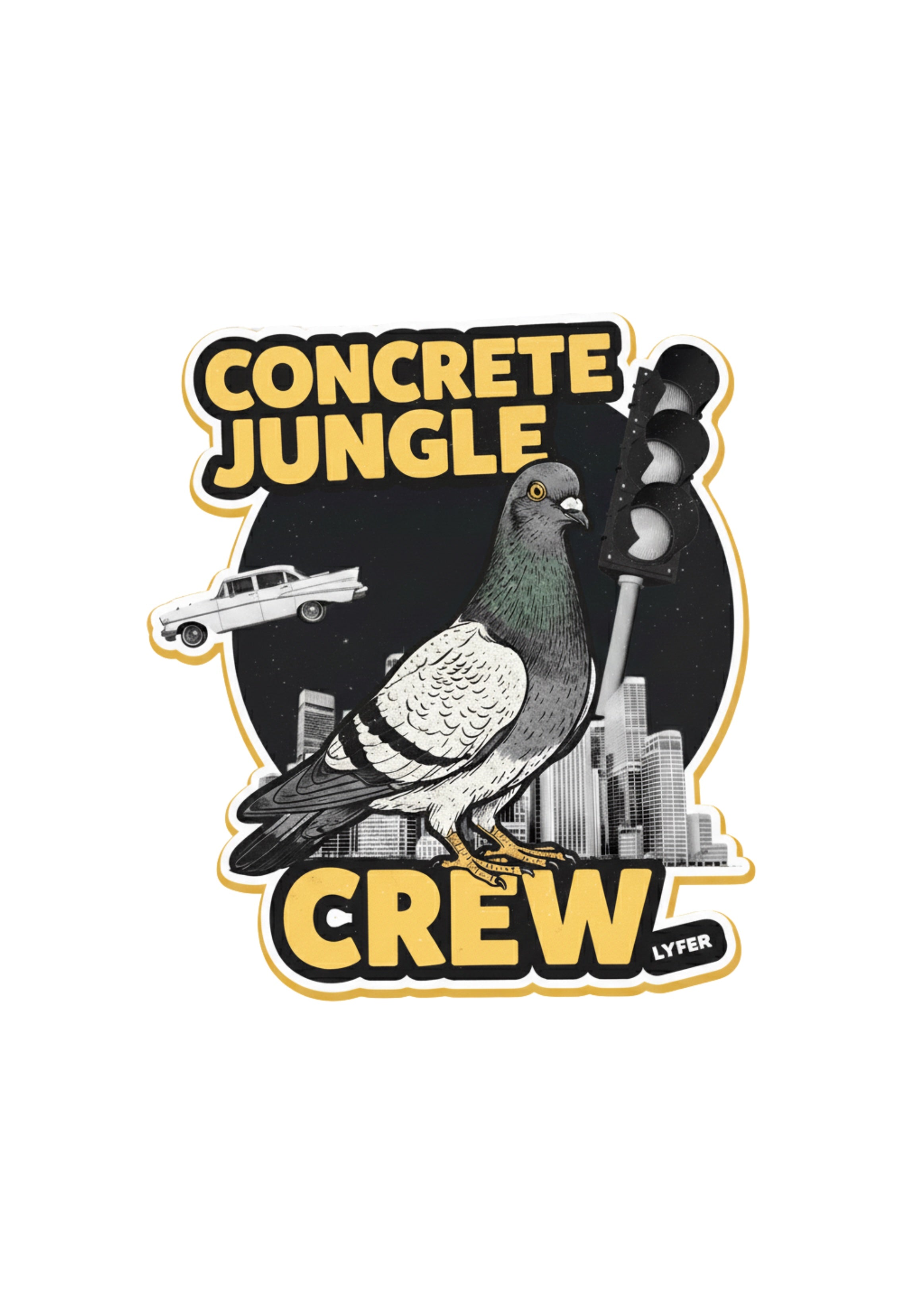 urban bird stickers with a pigeon, cityscape, and text 'Concrete Jungle Crew' on a white background