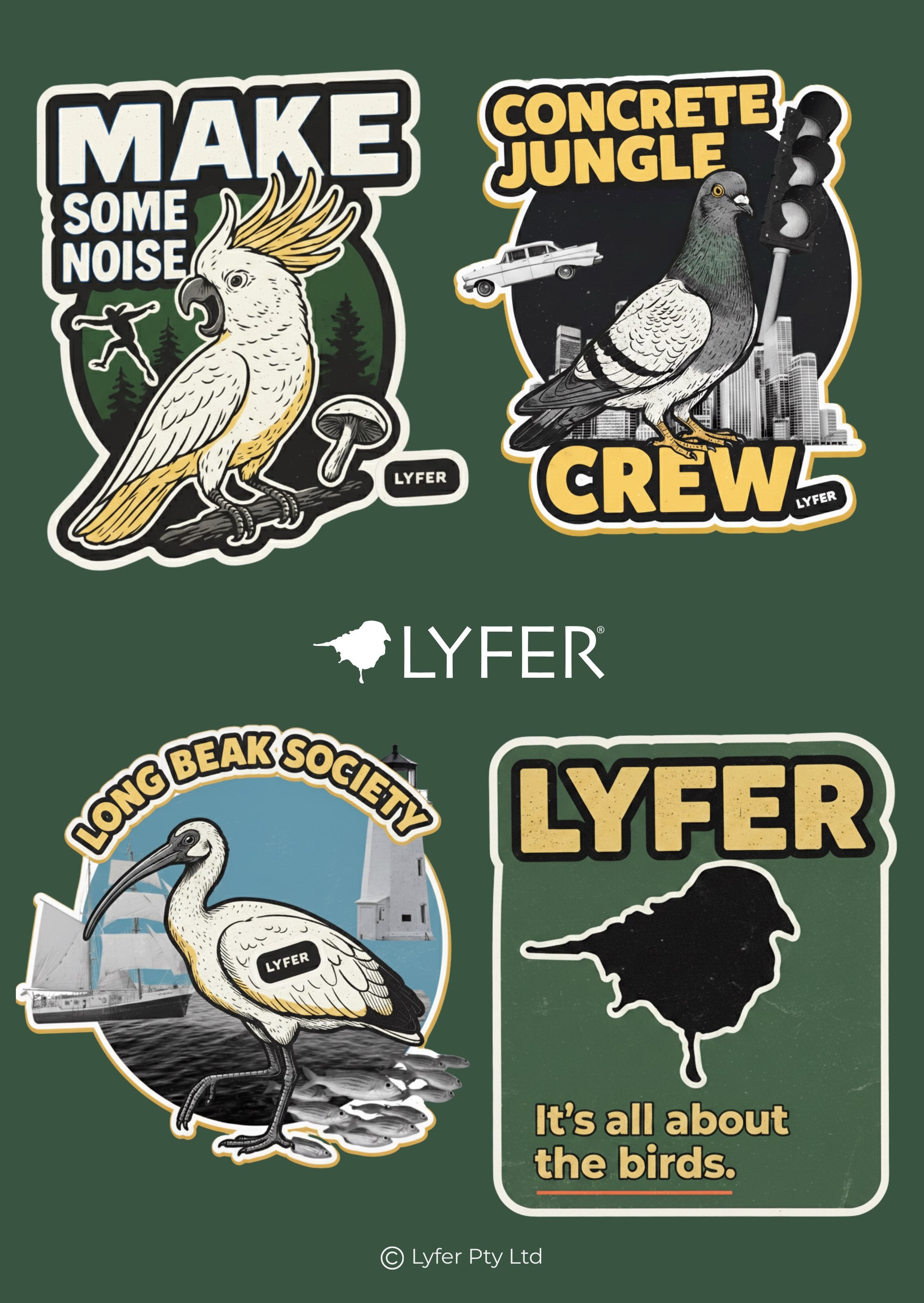 Set of four urban bird stickers with birds and text, featuring the brand 'LYFER'.