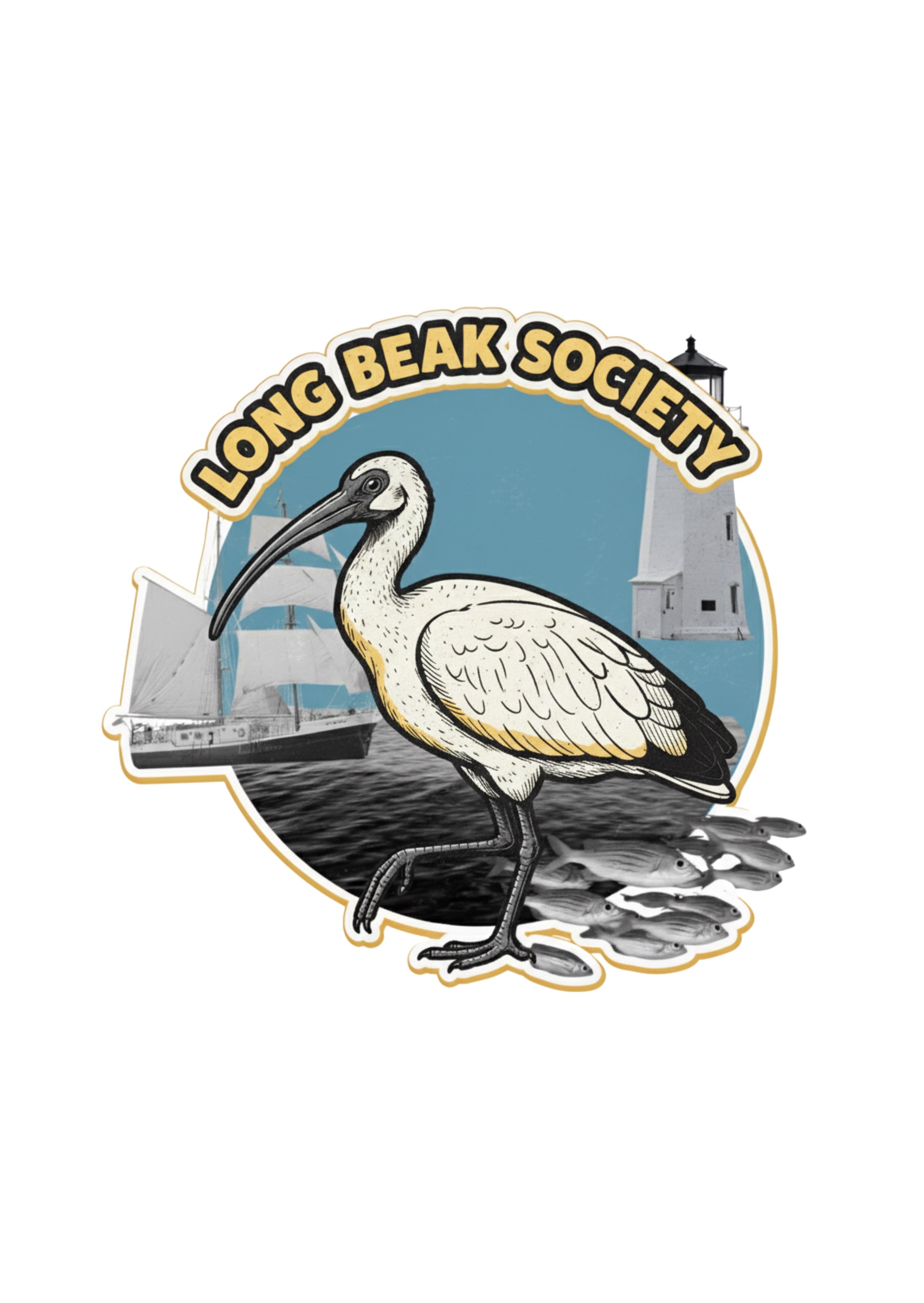 Logo of the Long Beak Society featuring a bird, lighthouse, and ship on a white background.