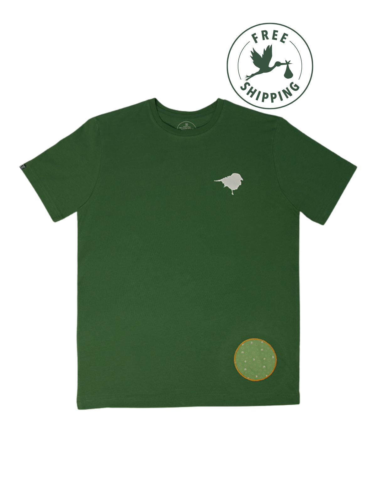 Green t-shirt with a small birdmark logo on a white background