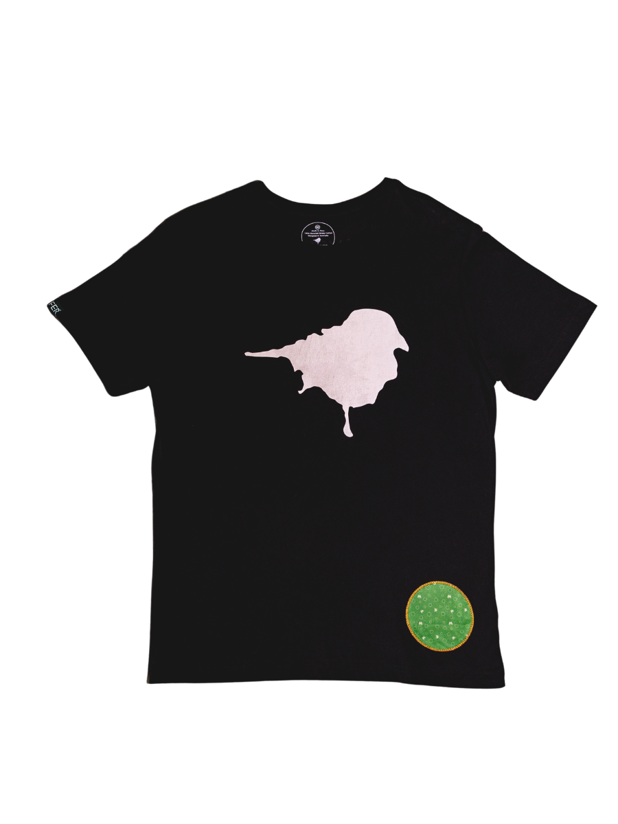 Front of the LYFER birdmark tee with water-based ink of logo and a micro-fibre patch sewn in