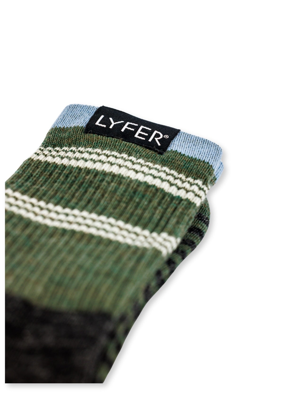 Green sock with white stripes and blue cuff, featuring the LYFER brand label on a white background.