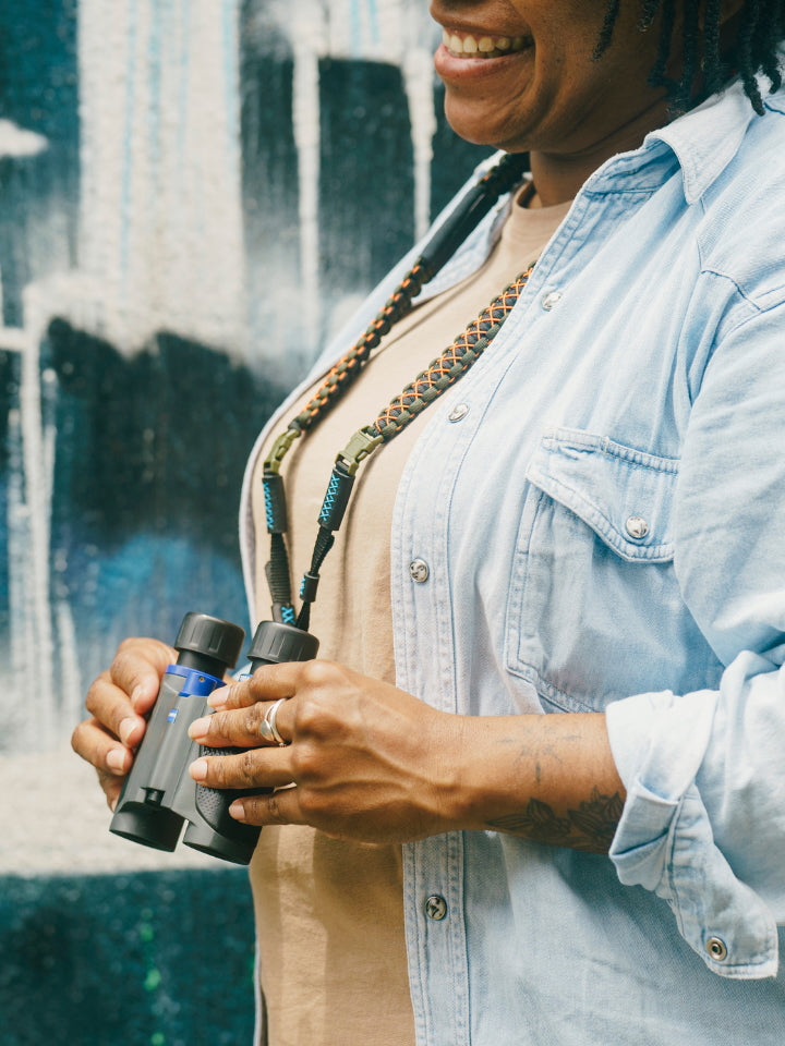 Close up of the ethically-made binocular straps, an ideal birdwatching gift for Australian birders.
