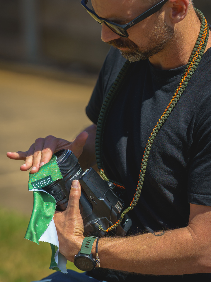 Binocular and camera cleaning cloth with lyfer adjustable bino straps and model cleaning and camera, ideal for Australian bird-watching gear gifts.