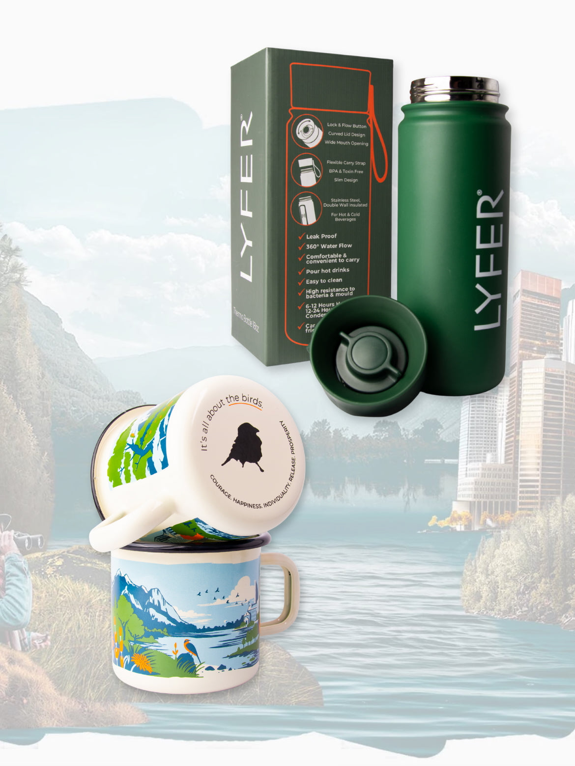 LYFER travel mug set with scenic mug, green insulated bottle, and packaging on a nature-themed background.