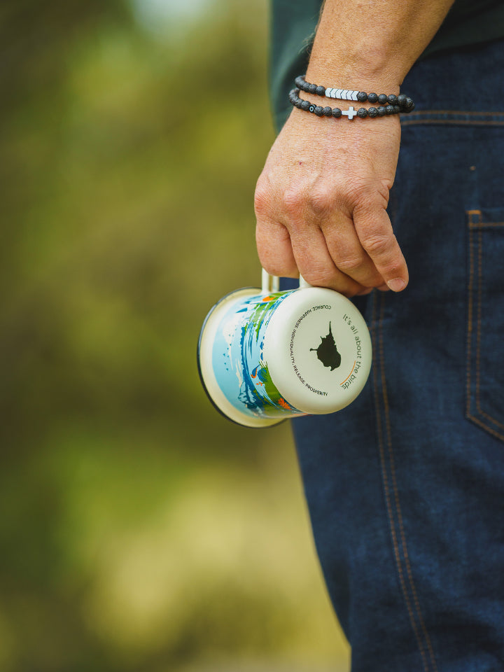 Lyfer Enamel Field Mug in Models Hand this is are great birding accessories and gifts for Australian birdlovers.
