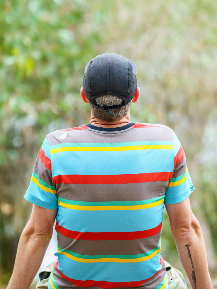 Back of the Endangered Range t-shirt showing the embroidered birdmark logo. Birdwatching gift and gear bundle, Australian bird lover clothes.