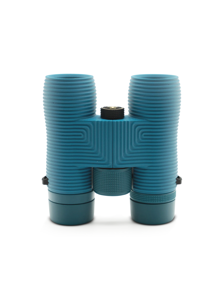 NOCS 8x32 Blue binoculars with a LYFER adjustable strap bundle on a white background