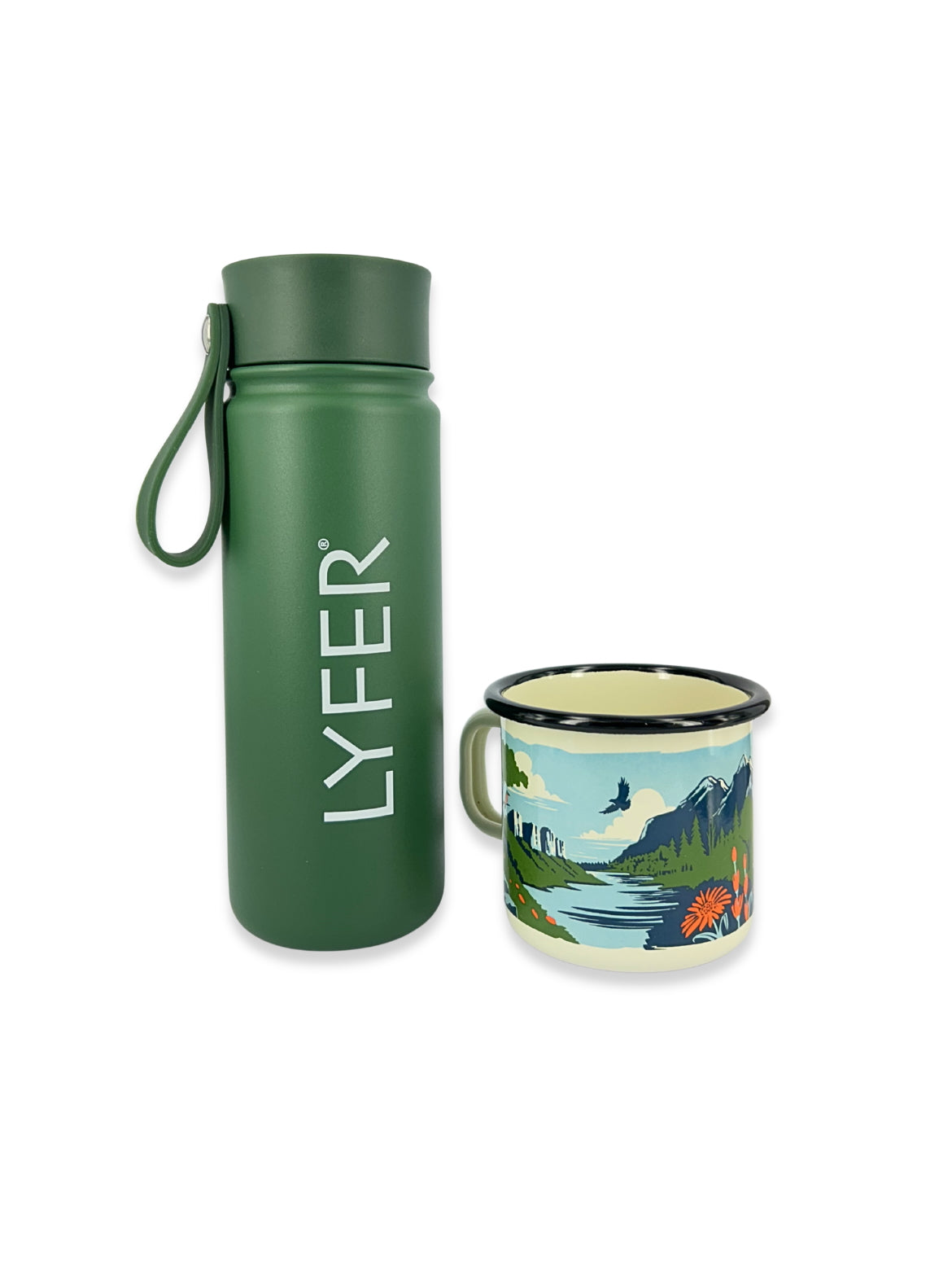 LYFER thermo bottle with 'LYFER' branding and a Enamel Field mug on a white background