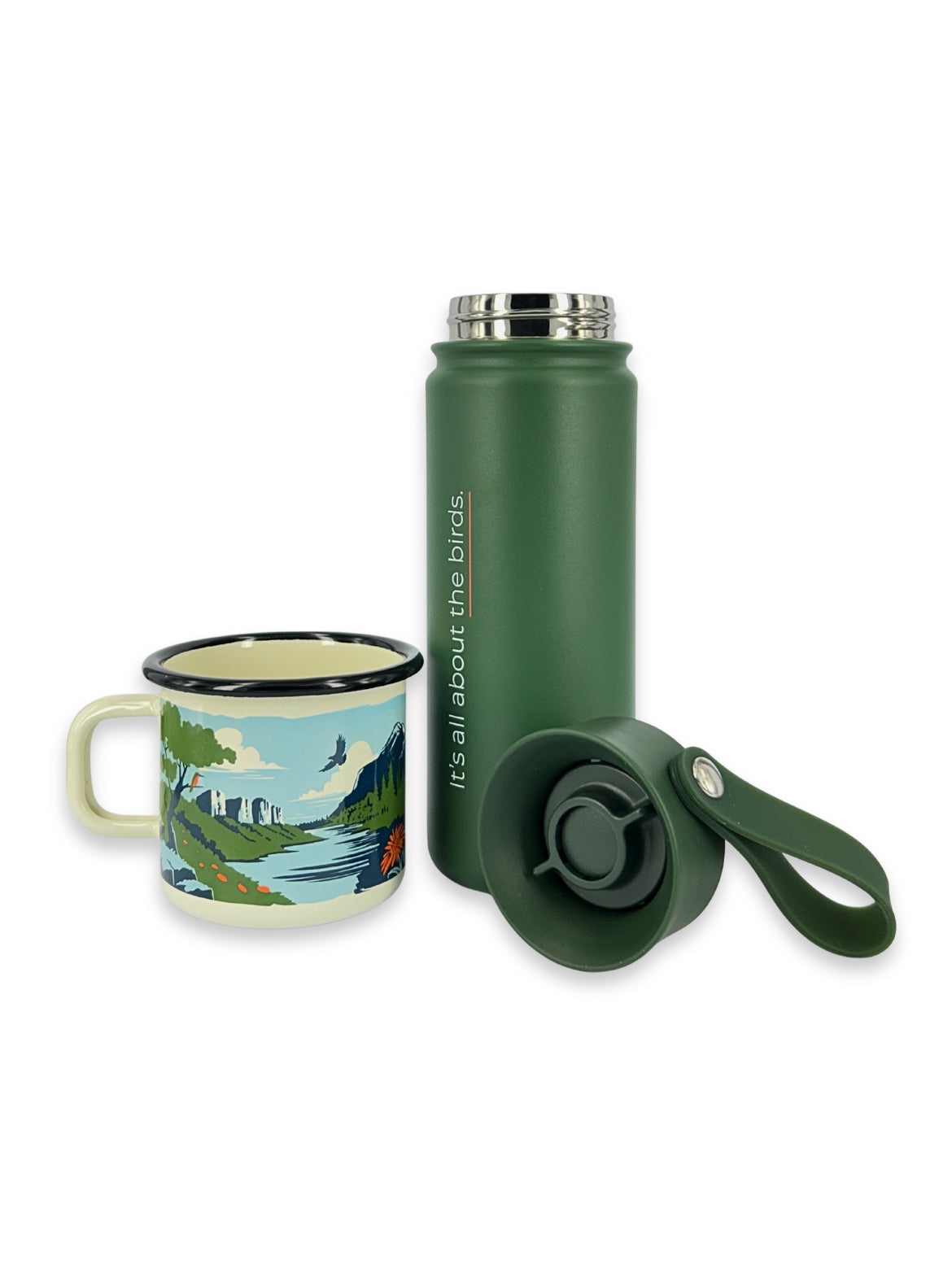 LYFER insulated thermo bottle and enamel field mug set with scenic design on a white background
