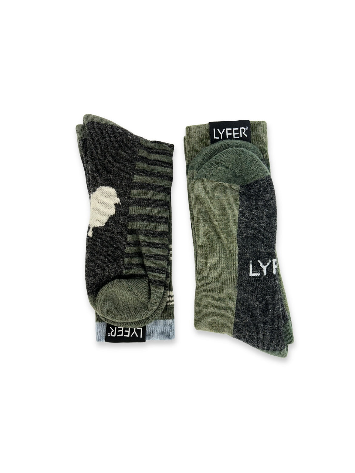 Two pairs of LYFER field socks with 'LYFER' branding on a white background