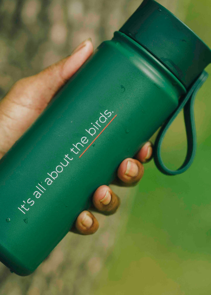 Close up of the outdoor thermo bottle showing the Lyfer Its All About The Birds branding and the quality of the bottle.