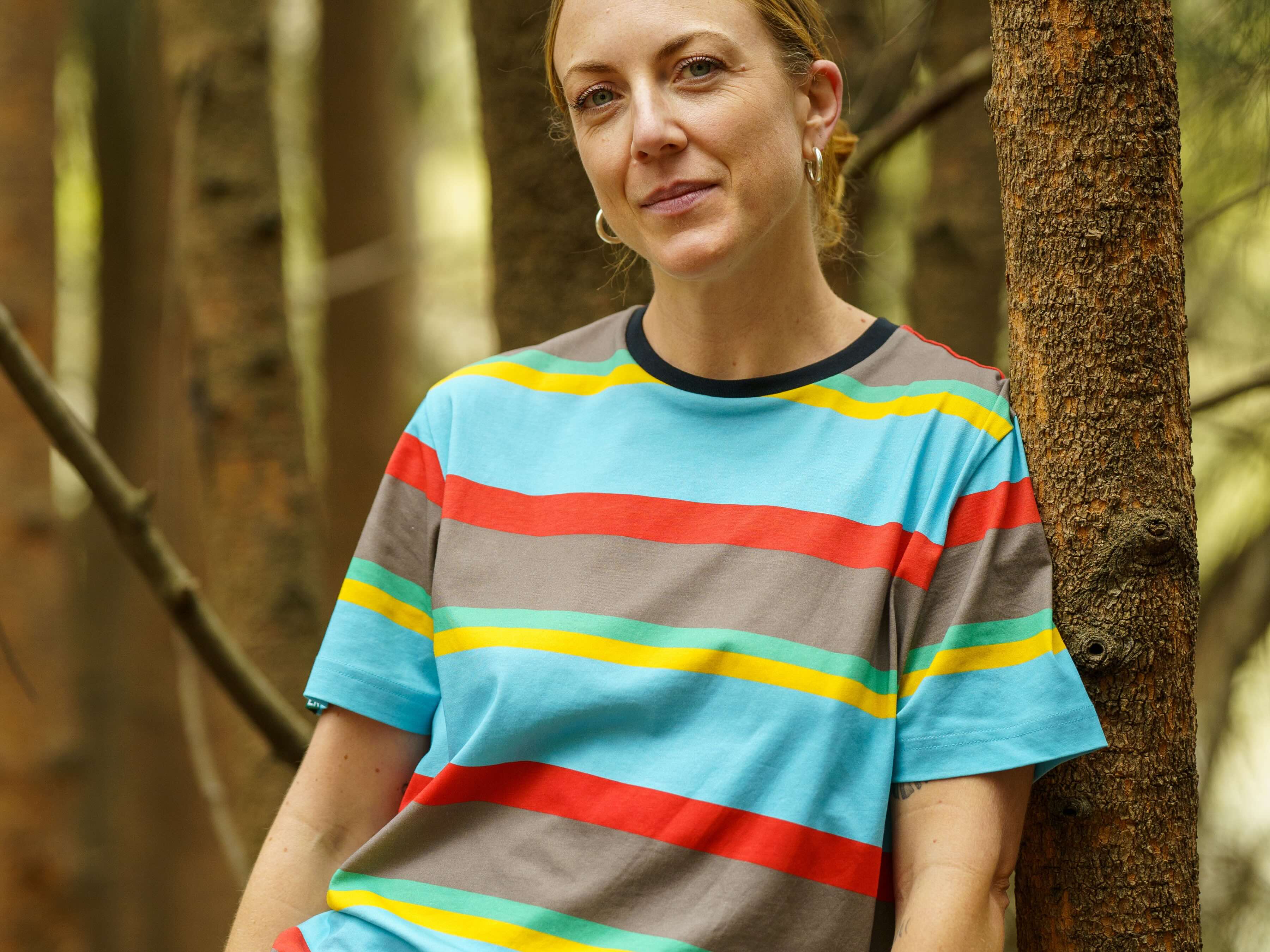 Image of model wearing an Endangerd Range Lyfer team for the Golden-shouldered Parrot, leaning against a tree.