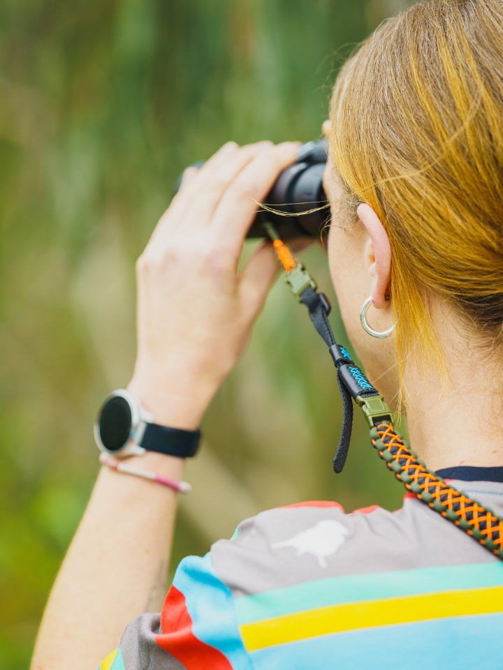Close up detailing the binocular straps for birders, an ideal birdwatching gift for Australian birders.