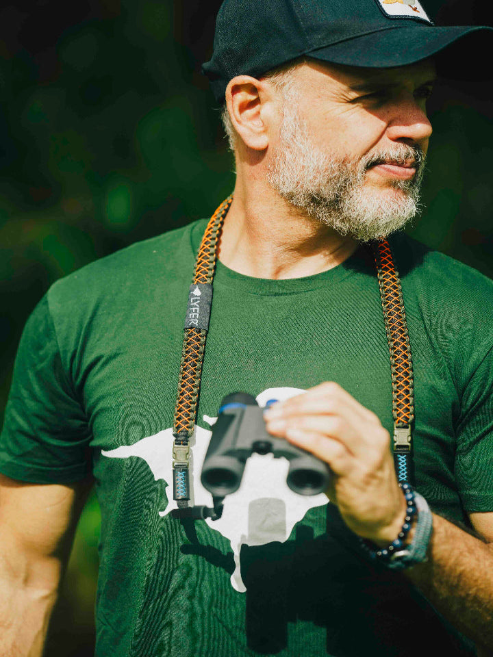 Model with Adjustable Binocular and Camera Straps