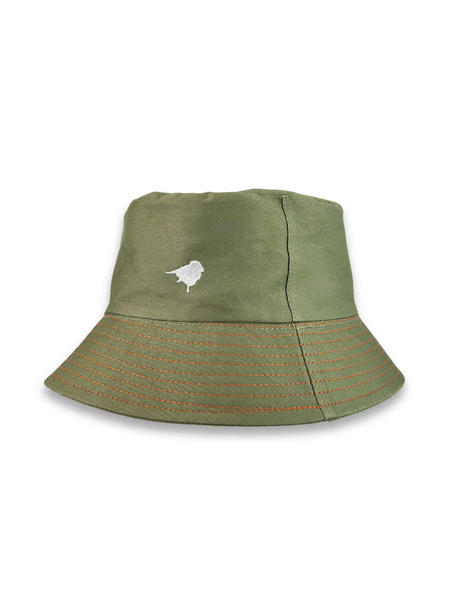 Green bucket hat with a small white logo on a white background