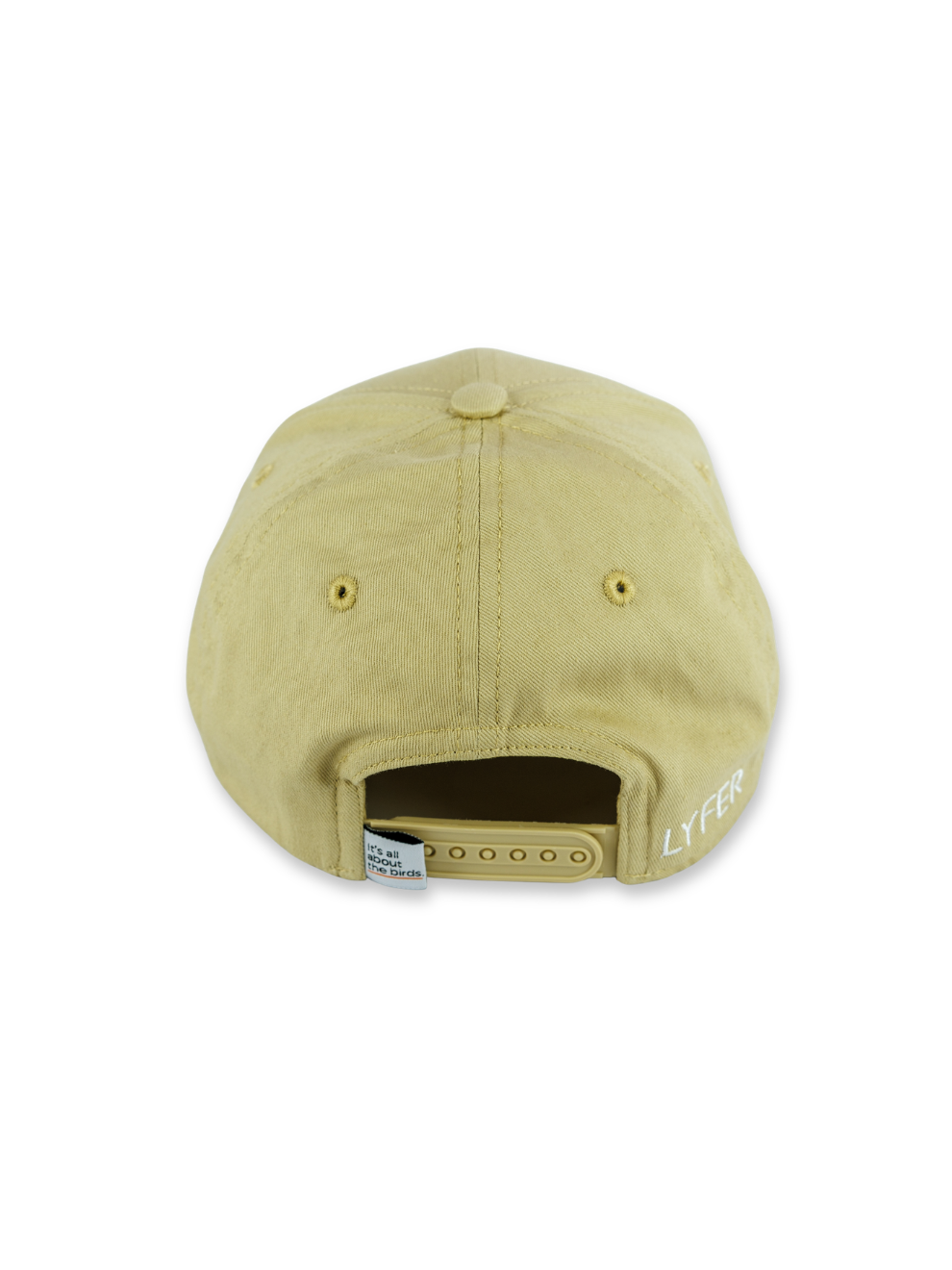 Studio image of back of baseball cap showing detail of sewing , snap back clasp and LYFER embroidery.