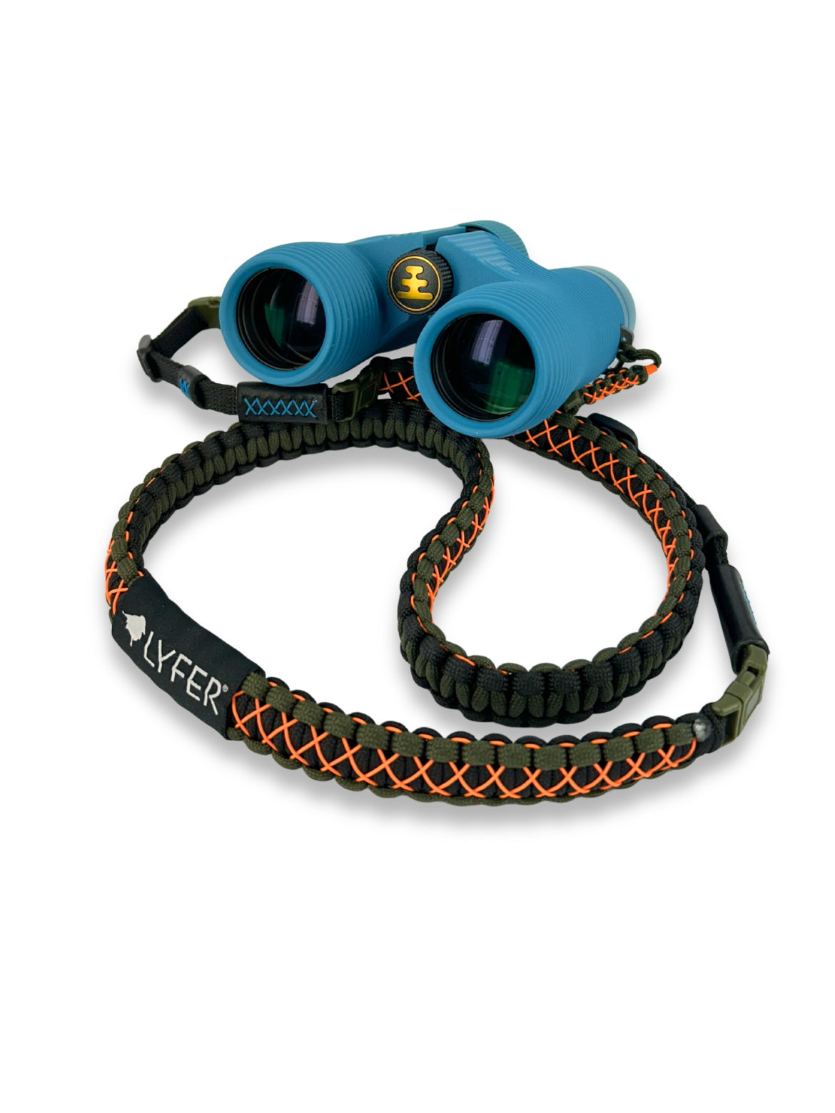 NOCS Blue 8x32 binoculars with a LYFER Adjustable hand-made strape on a white background