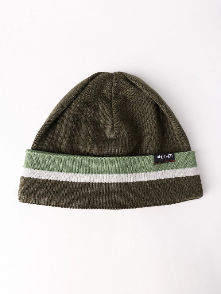Jersey knit merino will beanie in green stripes with LYFER tag