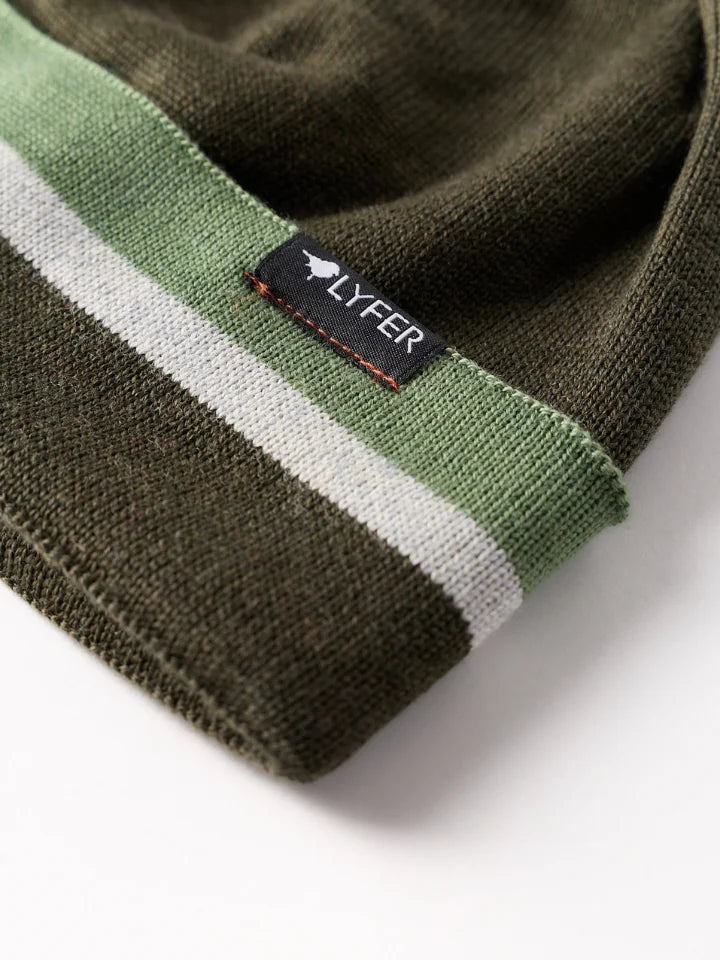 Close up of a merino wool beanie, with detail LYFER tag on the front