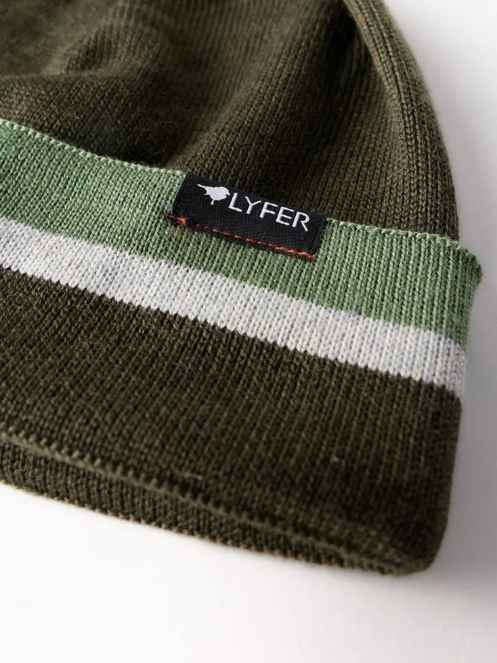 Close up of outdoor beanie with green stripes and a LYFER brand tag on the front
